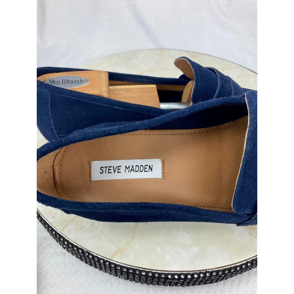 Steve Madden Soto Suede Penny Loafers Mens Sz 13 Navy Blue Office Slip  On Shoes